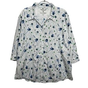 Royal Robbins White Blue Green Dandelion Print 3/4 Sleeve Button Up Shirt 3XL